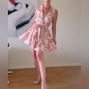 Avec Les Filles Pink Floral Mini Dress Sz 6 NEW Linen $200